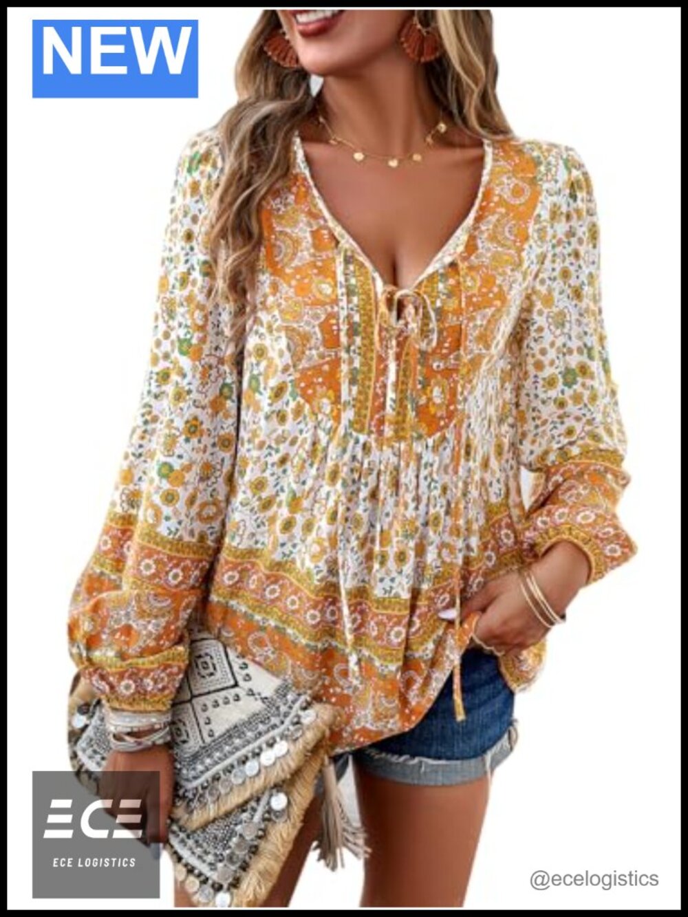 Womens Boho Floral V Neck Long Sleeve Peasant Blouse Lace Up Tie Tunic
